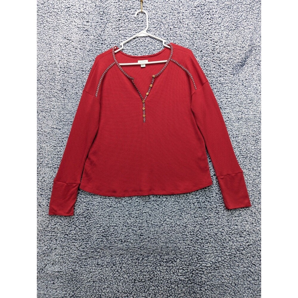 Sundance Embroidered Waffle Knit Henley Top Size M Southwestern Boho Casual Red